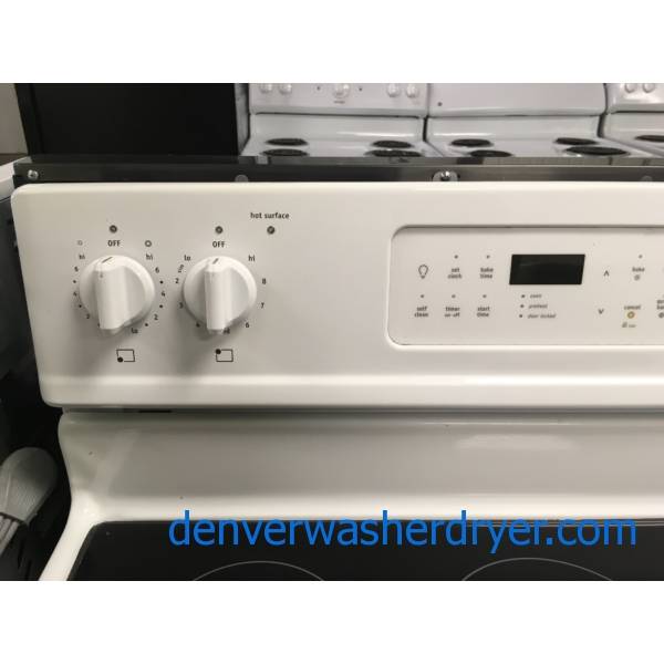 Great Frigidaire White Range, Free-Standing, Glass-Top, 5.7 Cu.Ft. Capacity, 5 Burners, Warm Zone, Self-Cleaning, Quality Refurbished, 1-Year Warranty!