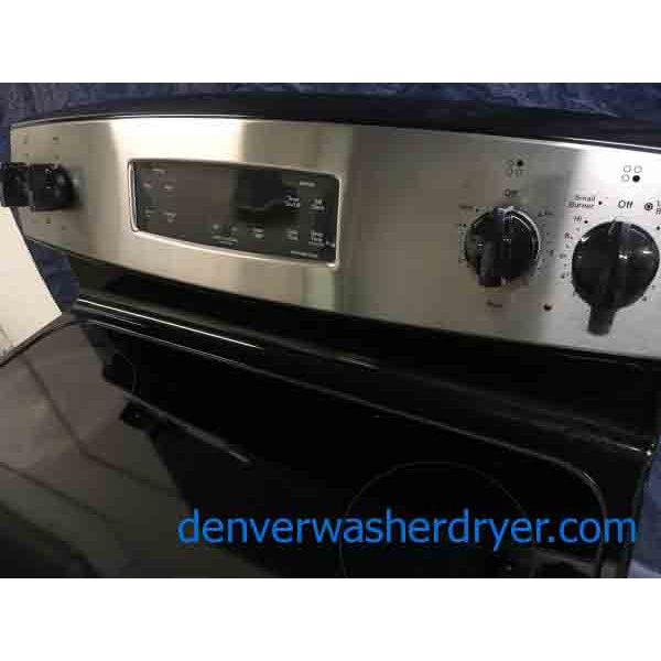 Gently Used GE Stainless Glass-Top Stove, Electric, 30″ Freestanding, 1-Year Warranty