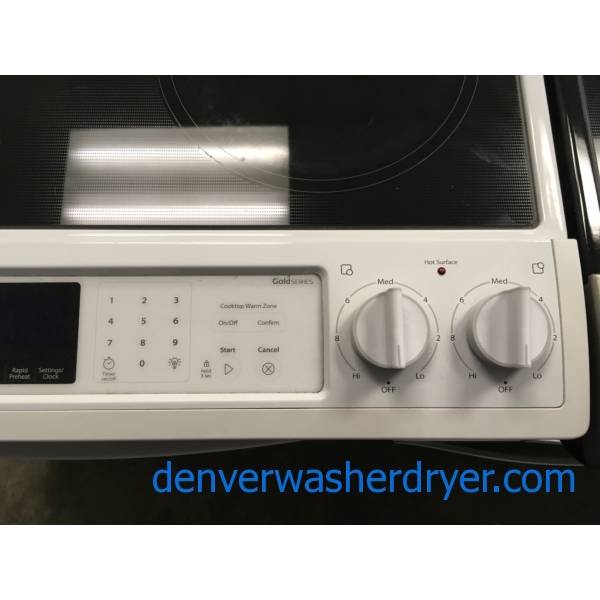 SlideIn Whirlpool GlassTop Range, White, 5Burner, AquaLift Self