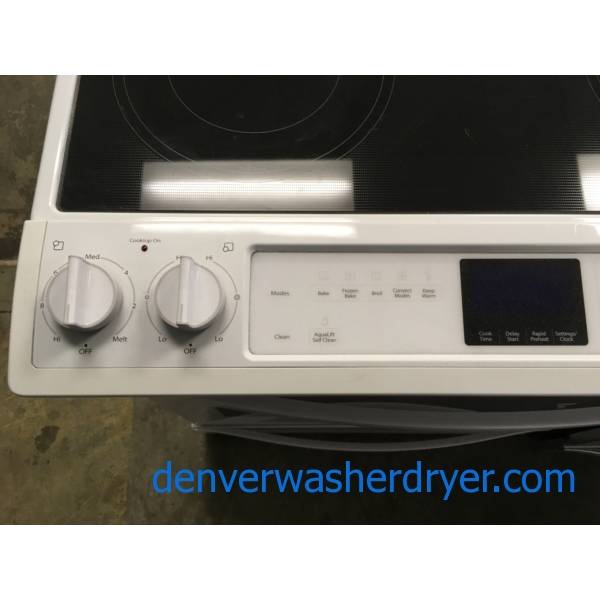 SlideIn Whirlpool GlassTop Range, White, 5Burner, AquaLift Self