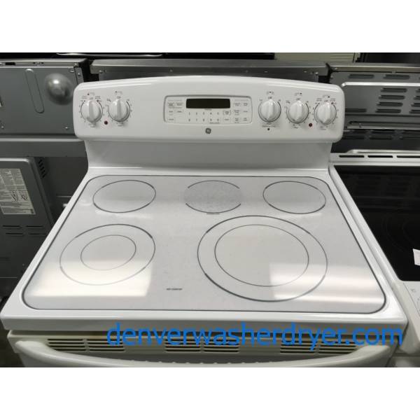 Electric GE White Range, Glass-Top, Self-Cleaning, 5 Burners, Proof Feature, Quality Refurbished, 1-Year Warranty!