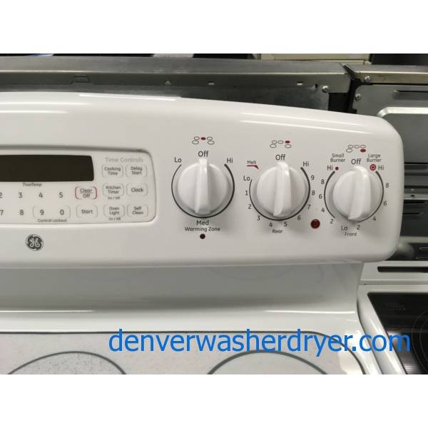 Electric GE White Range, Glass-Top, Self-Cleaning, 5 Burners, Proof Feature, Quality Refurbished, 1-Year Warranty!