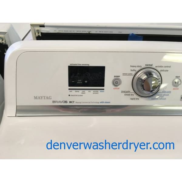 Great Maytag Bravos Washer and Dryer Set, Sanitary Cycle, Steam Feature, Wrinkle Prevent, HE, Wash-Plate Style, Quality Refurbished, 1-Year Warranty!