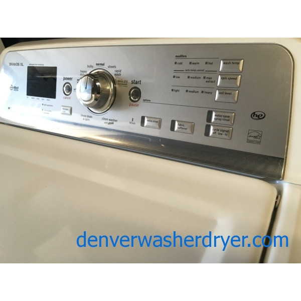 28″ HE Maytag Bravo Top-Load Direct-Drive Washer & Electric Dryer, 1-Year Warranty