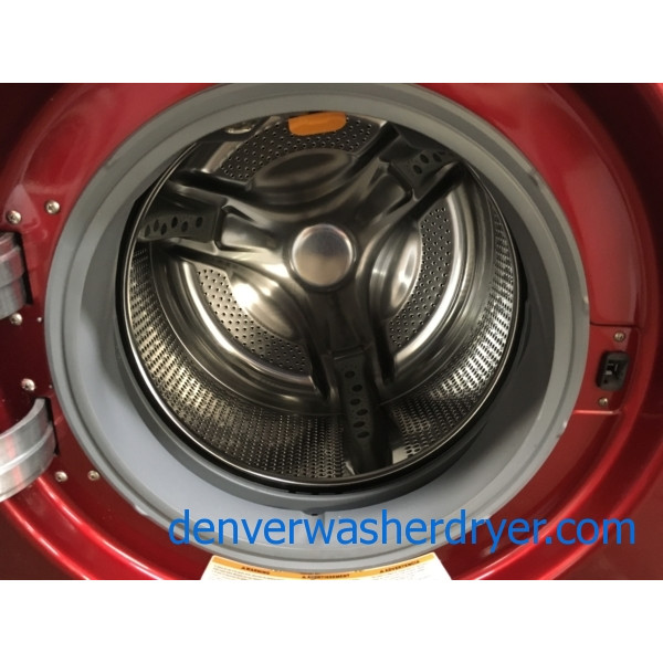 Quality Refurbished Wild-Cherry Colored 27″ LG Stackable Front-Load Direct-Drive HE Steam-Washer & Electric Steam-Dryer w/Pedestals, 1-Year Warranty