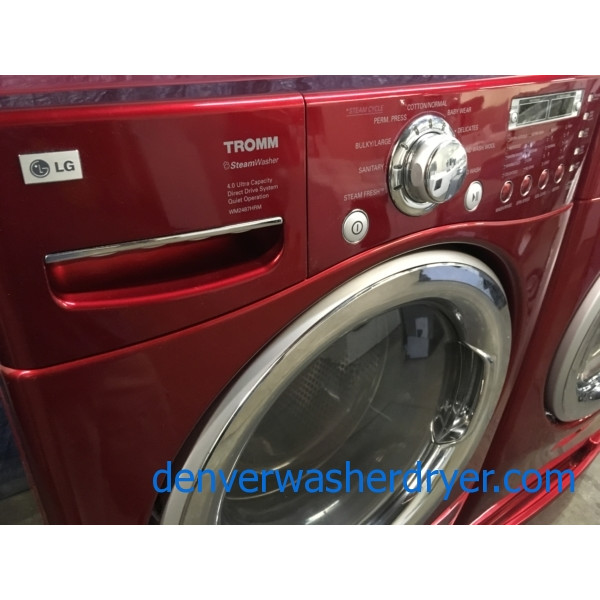 Quality Refurbished Wild-Cherry Colored 27″ LG Stackable Front-Load Direct-Drive HE Steam-Washer & Electric Steam-Dryer w/Pedestals, 1-Year Warranty