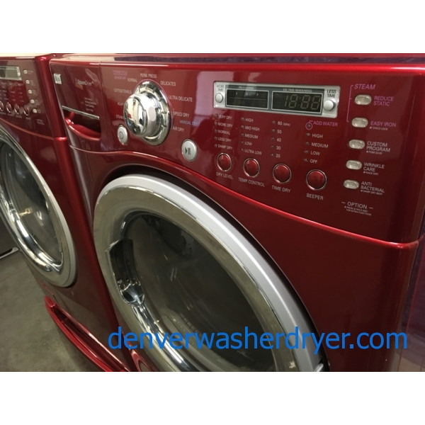 Quality Refurbished Wild-Cherry Colored 27″ LG Stackable Front-Load Direct-Drive HE Steam-Washer & Electric Steam-Dryer w/Pedestals, 1-Year Warranty