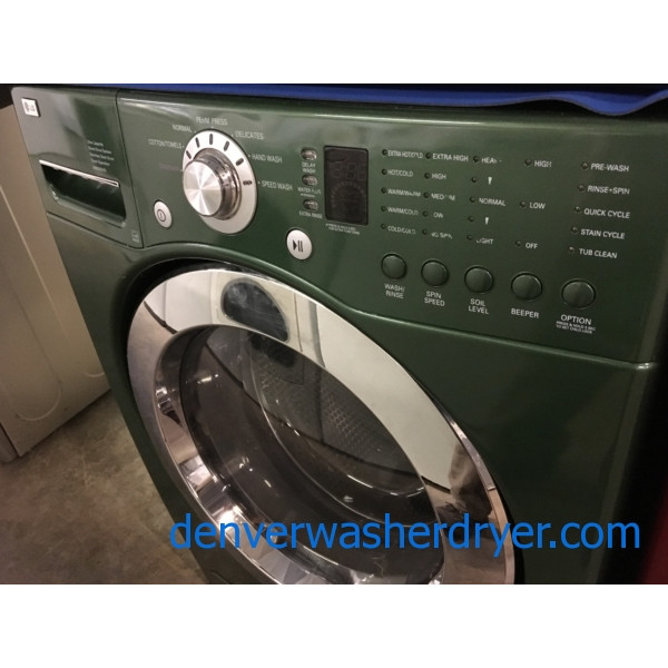 27″ Emerald Green LG Front-Load Stackable Direct-Drive Washer w/Sanitary & Electric Dryer, Quality Refurbished, 1 -Year Warranty