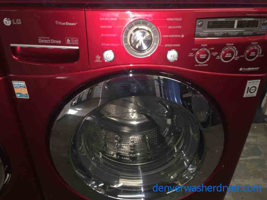 Cherry Red True Steam LG Front-loader Washer/Dryer Set on Pedestals!