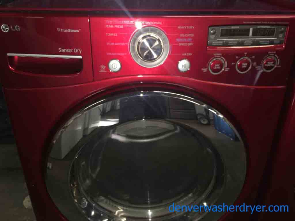 Cherry Red True Steam LG Front-loader Washer/Dryer Set on Pedestals!