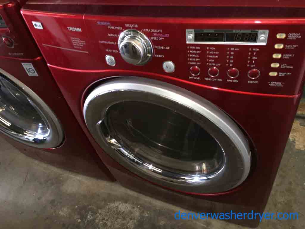 Red LG Front-Load Laundry Set, Steam, 220v, Stackable!