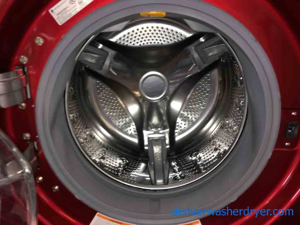 Red LG Front-Load Laundry Set, Steam, 220v, Stackable!