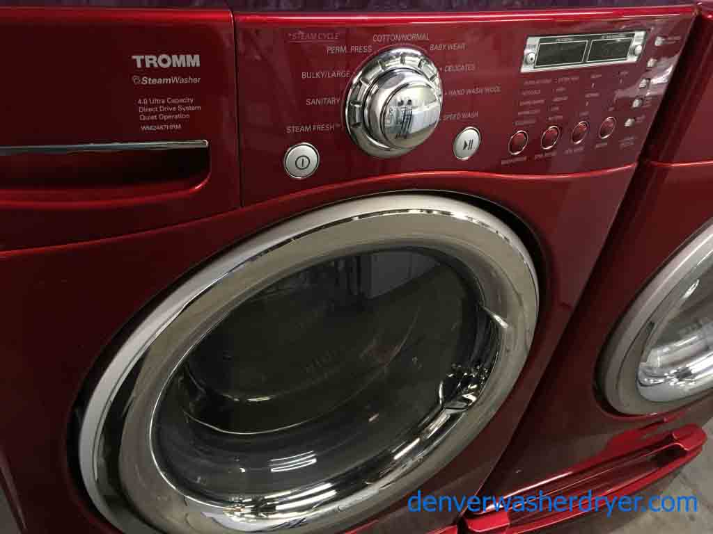 Beautiful Red LG Front Load High Efficiency Washer and Dryer on Pedestals!