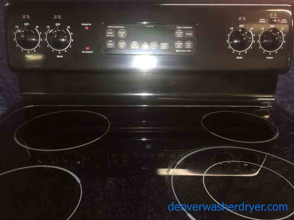 Black GE Electric Stove|Oven, 4-Burner, Glass-Top