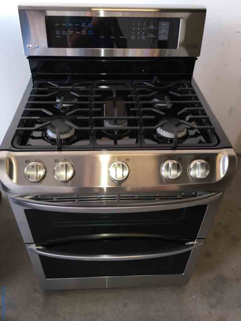 Barely Used Stainless Gas 30″ Range, LG Double Oven, 5-Burner, 5-Year Warranty–Newer Model 24″ Wide Stackable(Unitized) GE Laundry Center, Electric, 5-Year Warranty