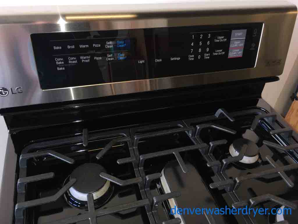 Barely Used Stainless Gas 30″ Range, LG Double Oven, 5-Burner, 5-Year Warranty–Newer Model 24″ Wide Stackable(Unitized) GE Laundry Center, Electric, 5-Year Warranty
