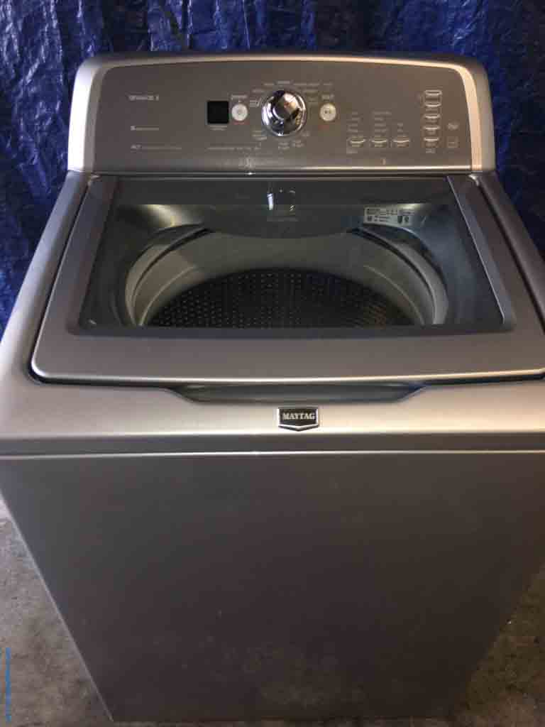 Single Silver Maytag BRAVOS X Washing Machine with Glass Lid + Matching Dryer