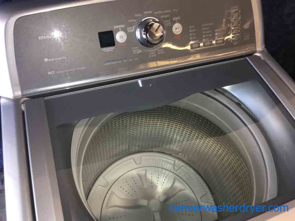 Single Silver Maytag BRAVOS X Washing Machine with Glass Lid + Matching Dryer