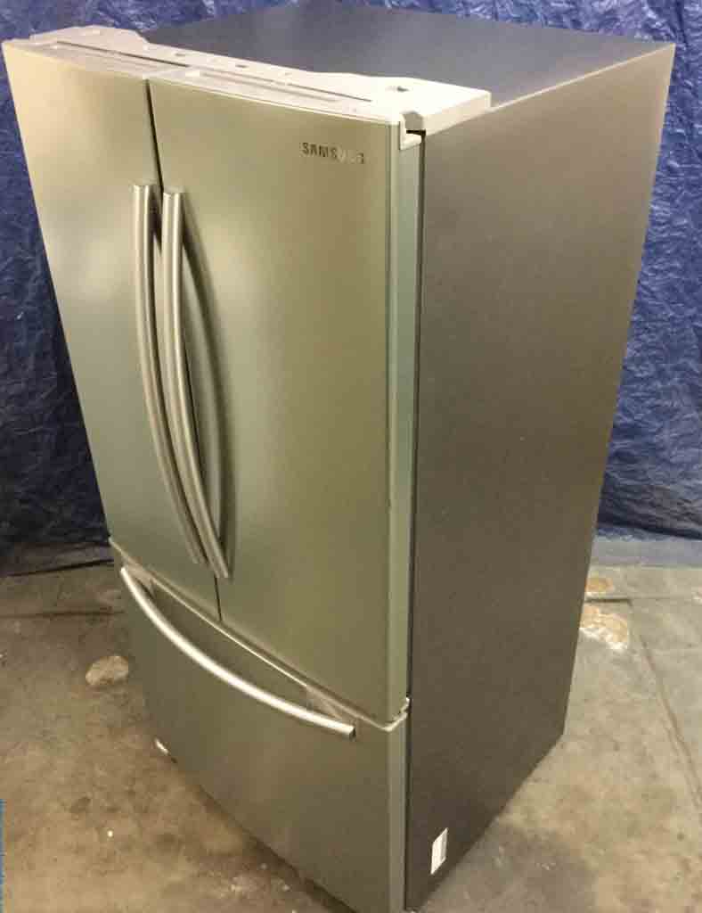 New 20 Cu. Ft. French Door Refrigerator, Stainless, 32″ Wide by Samsung & Brand-New Stainless Whirlpool Electric Double Oven Range