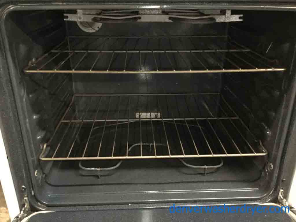 Glorious GE Coil-Top, Self Cleaning Range, 220V, 30″ Wide in White-American Made Amana Washing Machine with Agitator! Full-Size, 1-Year Warranty!-Glorious GE Refrigerator, Large 18 Cu. ft. Capacity, Beige Color, Glass Shelves