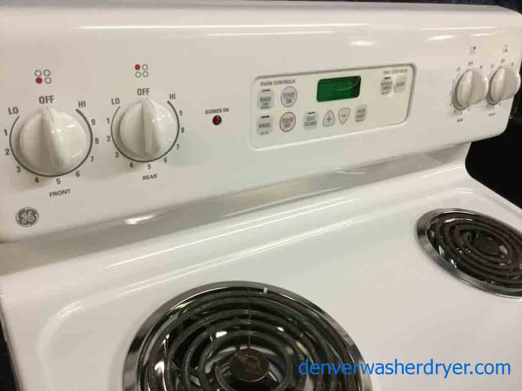 Glorious GE Coil-Top, Self Cleaning Range, 220V, 30″ Wide in White-American Made Amana Washing Machine with Agitator! Full-Size, 1-Year Warranty!-Glorious GE Refrigerator, Large 18 Cu. ft. Capacity, Beige Color, Glass Shelves