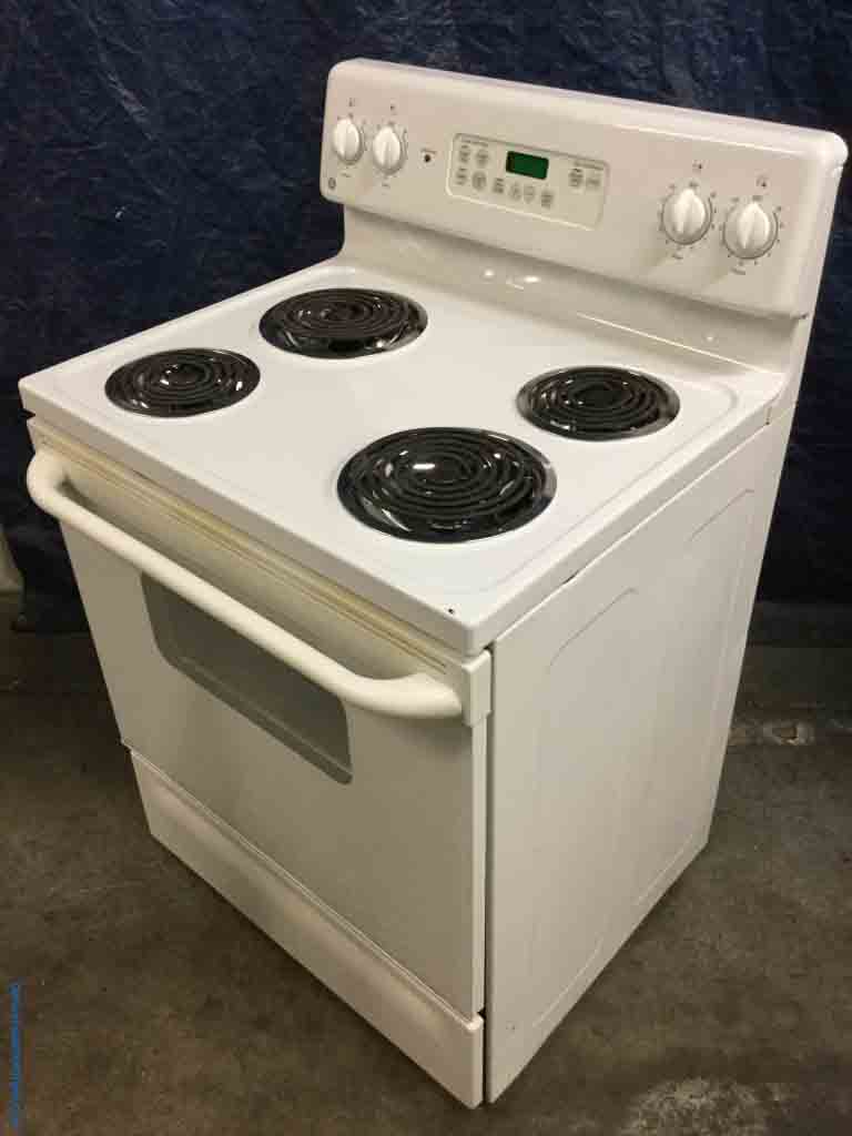 Glorious GE Coil-Top, Self Cleaning Range, 220V, 30″ Wide in White-American Made Amana Washing Machine with Agitator! Full-Size, 1-Year Warranty!-Glorious GE Refrigerator, Large 18 Cu. ft. Capacity, Beige Color, Glass Shelves