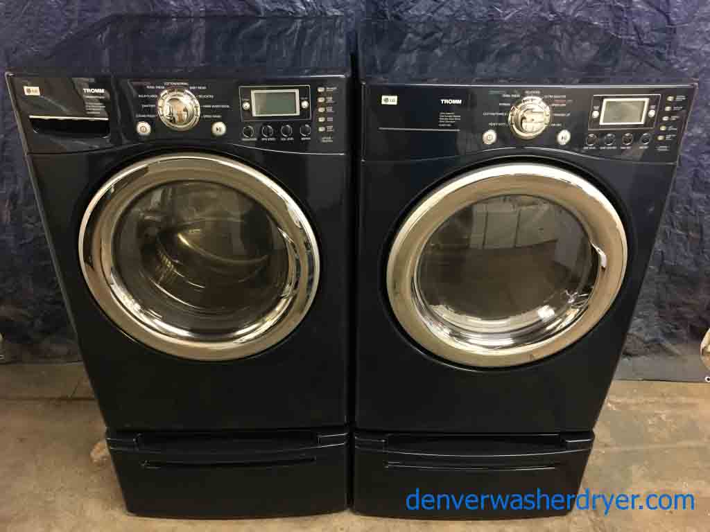 Beautiful Blue LG TROMM Front-Load Laundry Set on Pedestals, Electric, Steam & Sanitary, High-End!