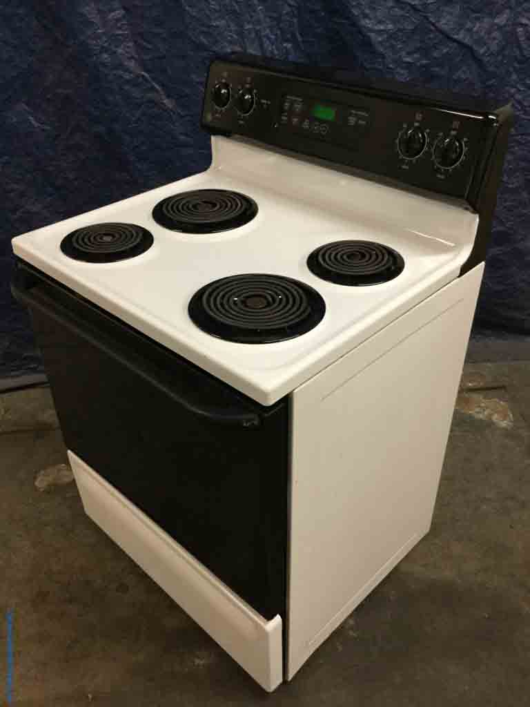 GE 30″ Freestanding Range, Electric Coil-Top, Black & White, Self-Cleaning, 1-Year Warranty!