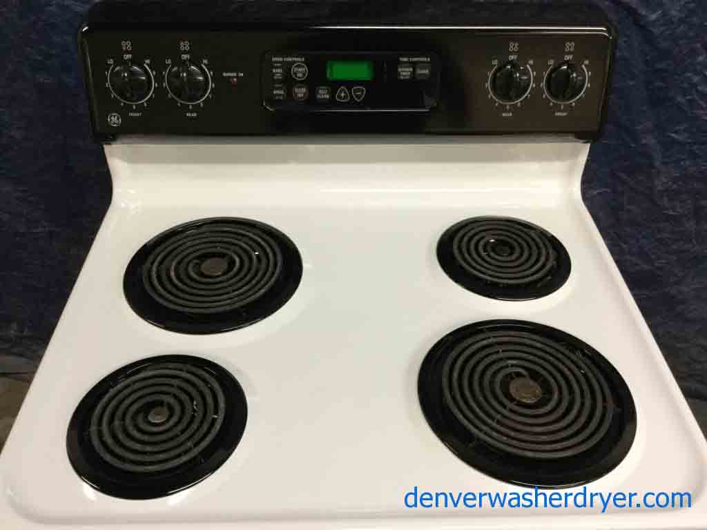 GE 30″ Freestanding Range, Electric Coil-Top, Black & White, Self-Cleaning, 1-Year Warranty!