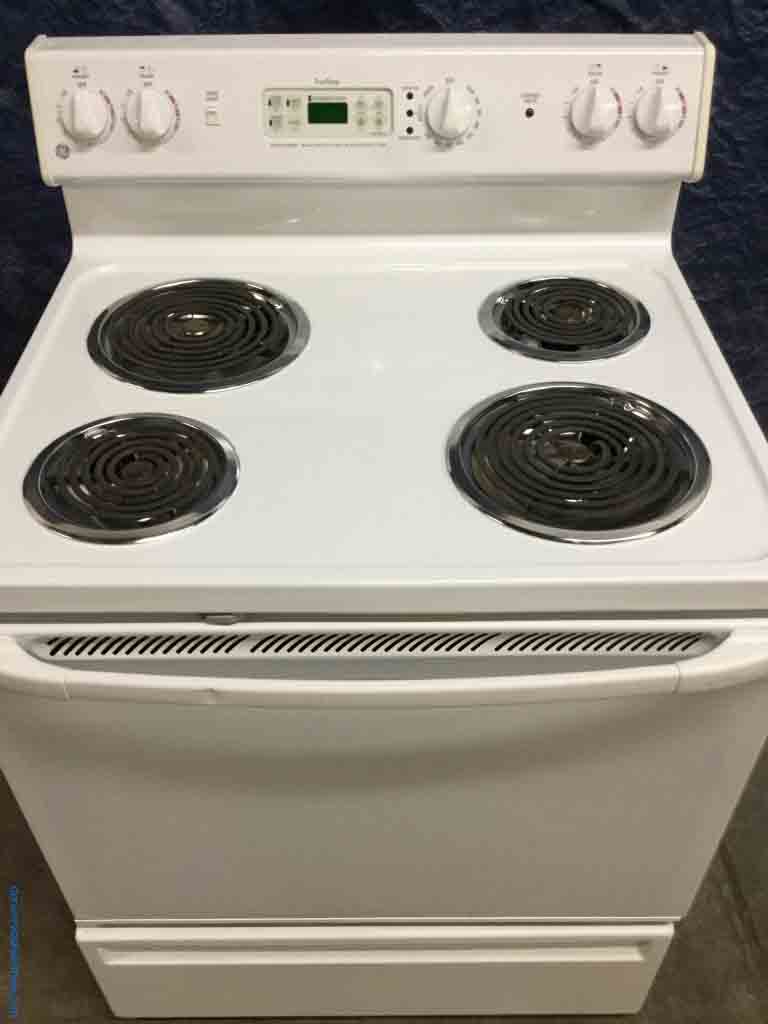 Discount Stove, White GE Coil-Top, Electric, Self-Cleaning, 1-Year Warranty!