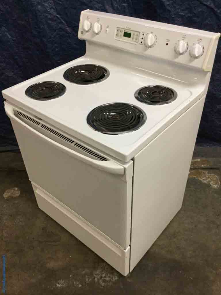 Discount Stove, White GE Coil-Top, Electric, Self-Cleaning, 1-Year Warranty!