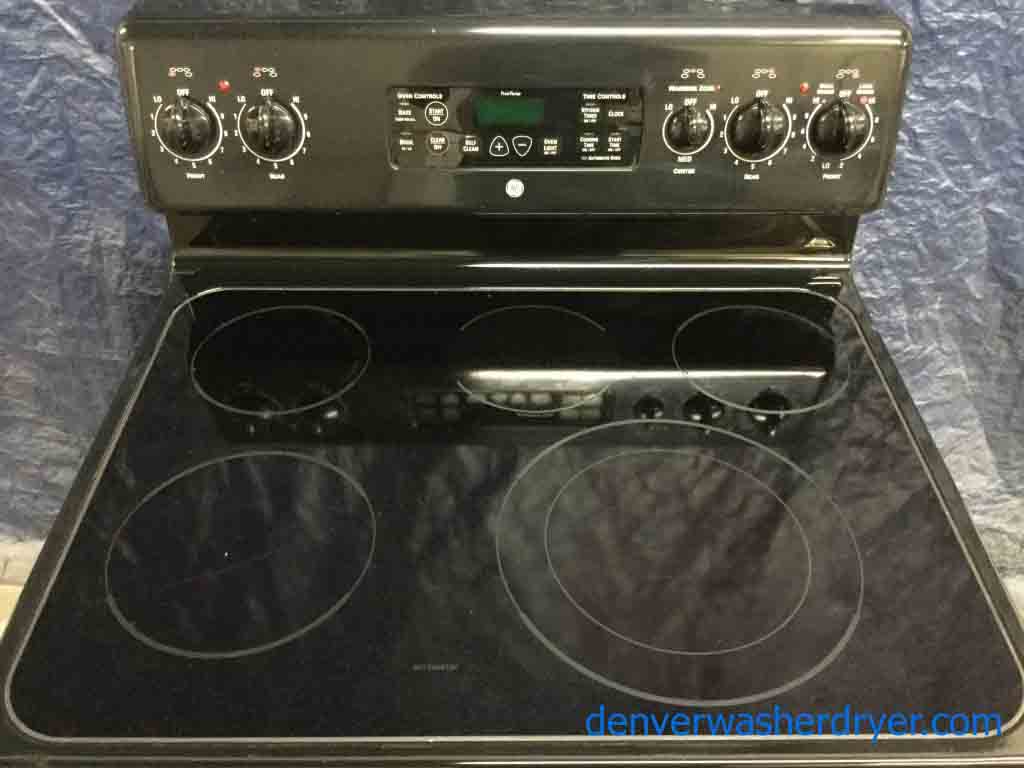 Black Glass-Top Stove by GE, Electric, Self-Cleaning, 5-Burner, 1-Year Warranty!