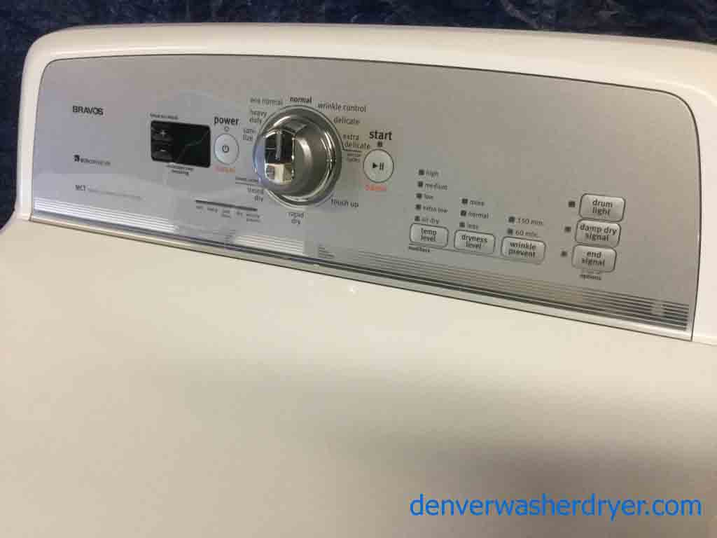 Bold Maytag Bravos Dryer, Electric, Slim 27″ Wide, 1-Year Warranty! W/Pedestal