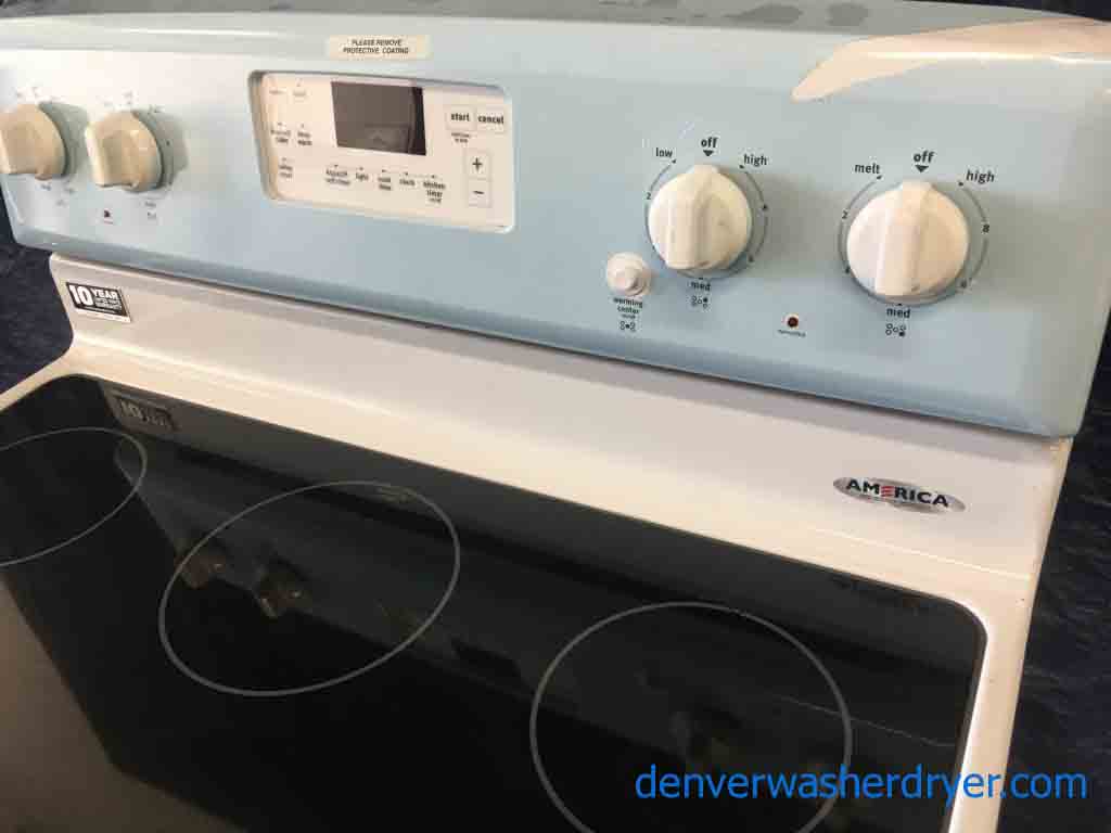 Brand-New White Maytag Glass Top Range, 30″ Freestanding, Electric, 1-Year Warranty