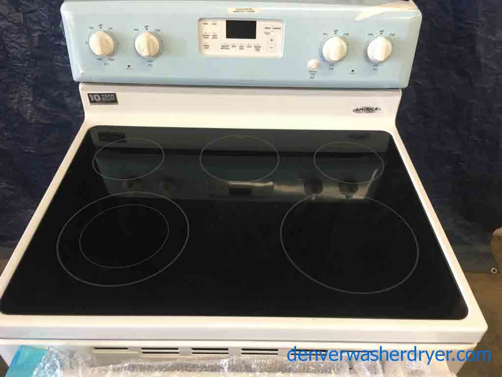 Brand-New White Maytag Glass Top Range, 30″ Freestanding, Electric, 1-Year Warranty