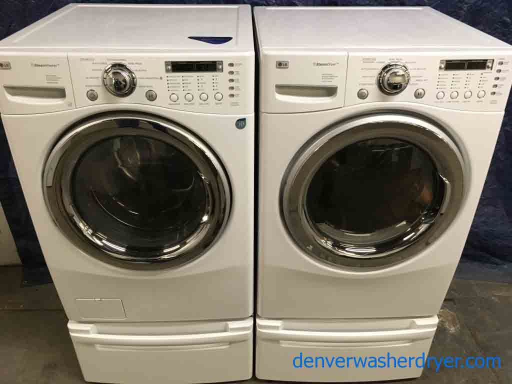 Front-Load LG Laundry Set On Pedestals, Electric, Steam/Sanitary Cycles, 1-Year Warranty!