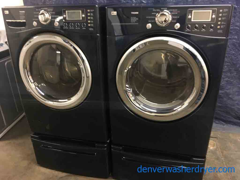 Slick Navy Blue LG Tromm Front Loader Washer & Dryer Set on Pedestals