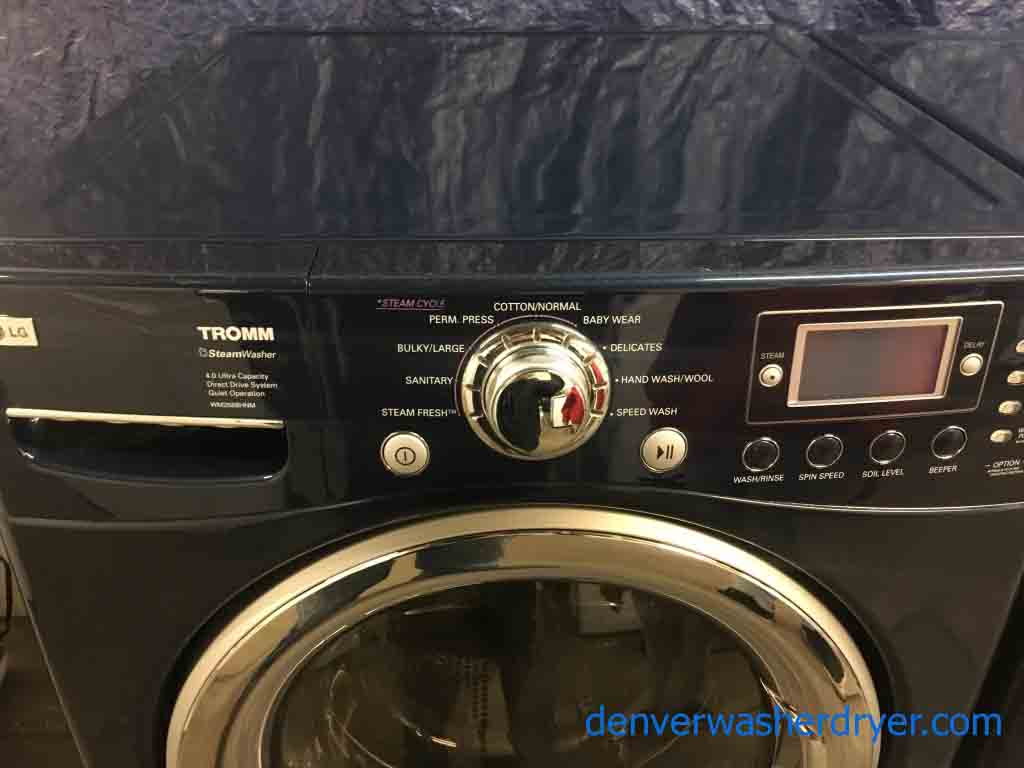Slick Navy Blue LG Tromm Front Loader Washer & Dryer Set on Pedestals