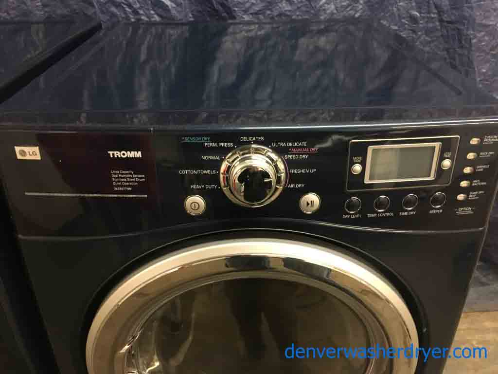 Slick Navy Blue LG Tromm Front Loader Washer & Dryer Set on Pedestals