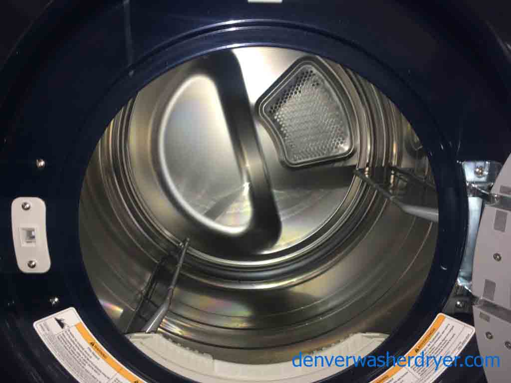 Slick Navy Blue LG Tromm Front Loader Washer & Dryer Set on Pedestals