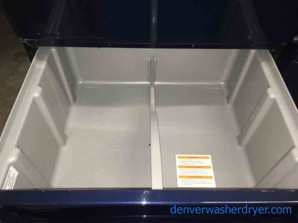 Slick Navy Blue LG Tromm Front Loader Washer & Dryer Set on Pedestals