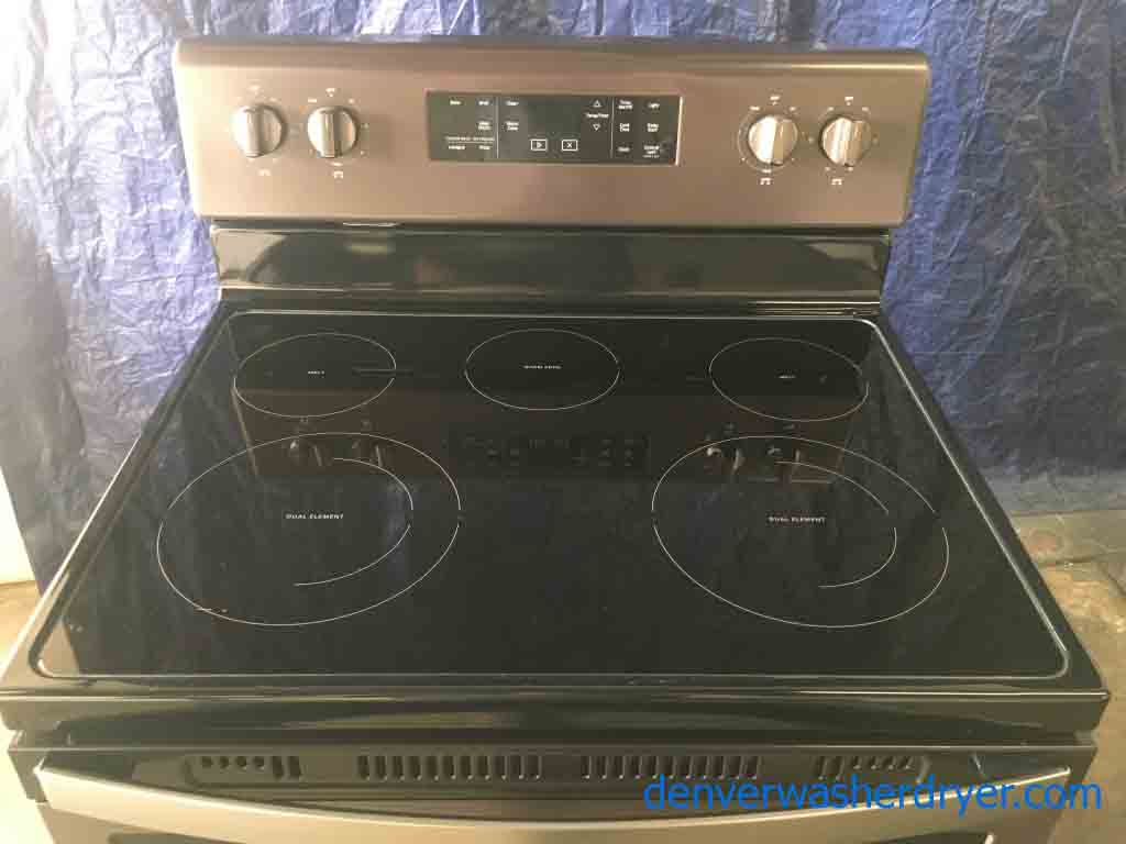 Brand-New (Dent) Whirlpool – 5.3 Cu. Ft. Self-Cleaning, Freestanding, Electric Range, Black Stainless Steel, and 1-Year Warranty