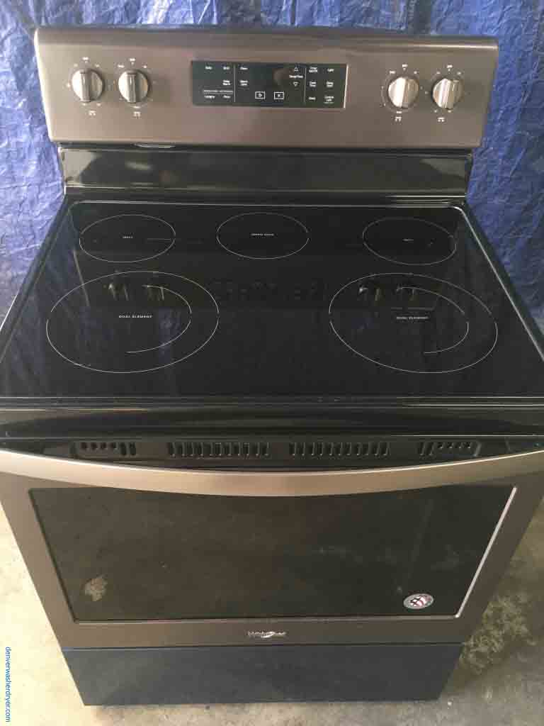 Brand-New (Dent) Whirlpool – 5.3 Cu. Ft. Self-Cleaning, Freestanding, Electric Range, Black Stainless Steel, and 1-Year Warranty