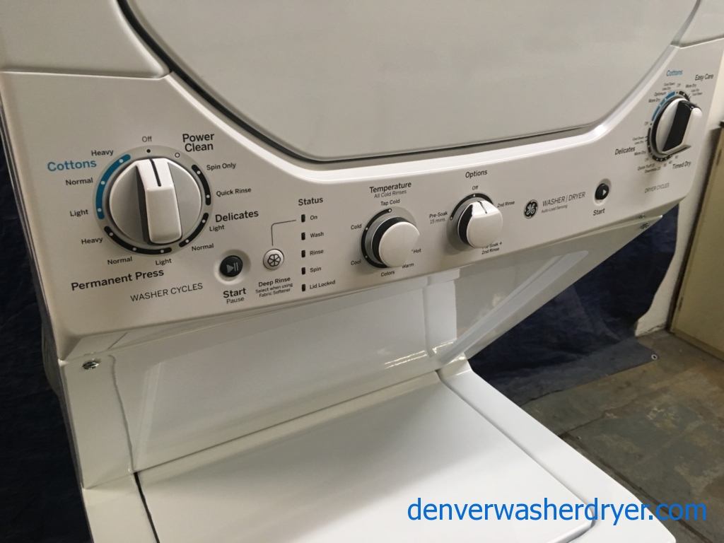 BRAND-NEW 24″ GE SpaceMaker (2.0 Cu. Ft.) Electric Stacked Laundry Unit 220v, 1-Year Warranty