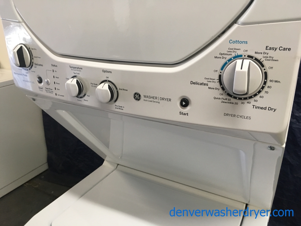 BRAND-NEW 24″ GE SpaceMaker (2.0 Cu. Ft.) Electric Stacked Laundry Unit 220v, 1-Year Warranty