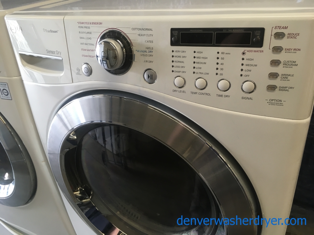 *Used* LG 27″ Stackable Front-Load HE Steam Washer & Electric Steam Dryer Set, 1-Year Warranty