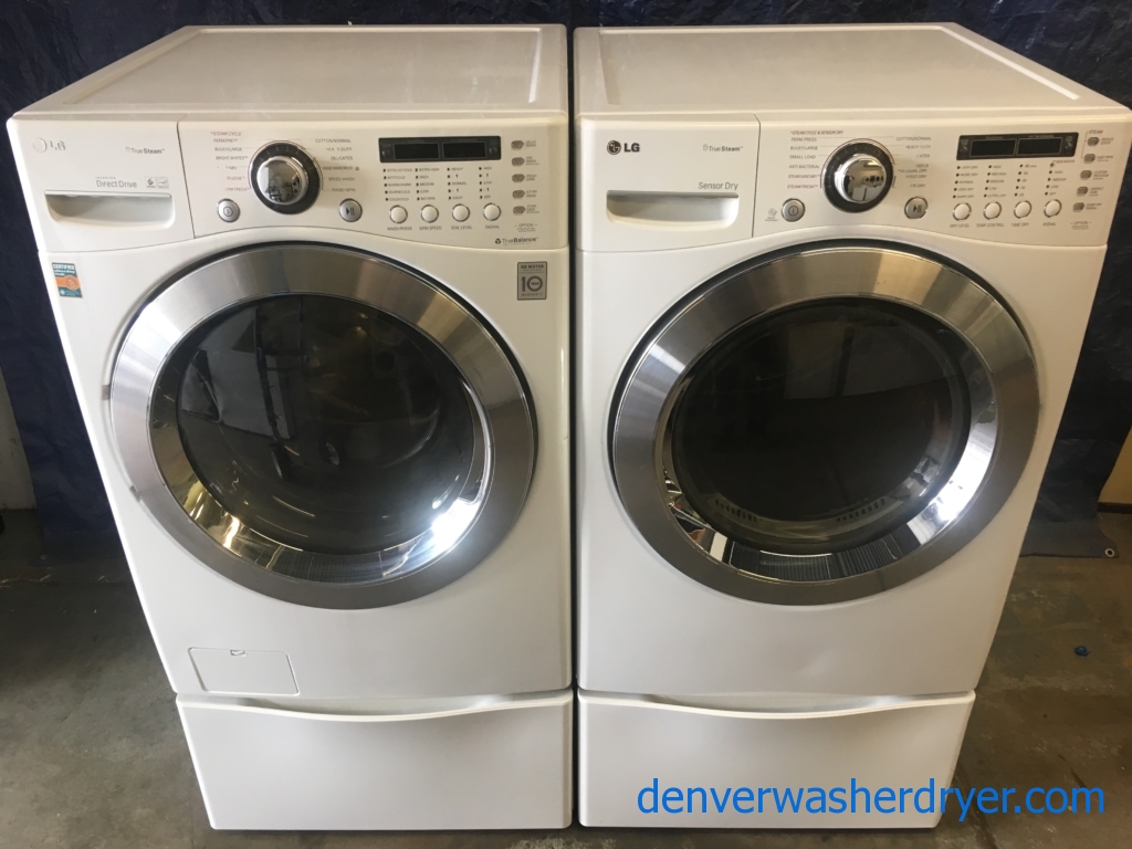 *Used* LG 27″ Stackable Front-Load HE Steam Washer & Electric Steam Dryer Set, 1-Year Warranty