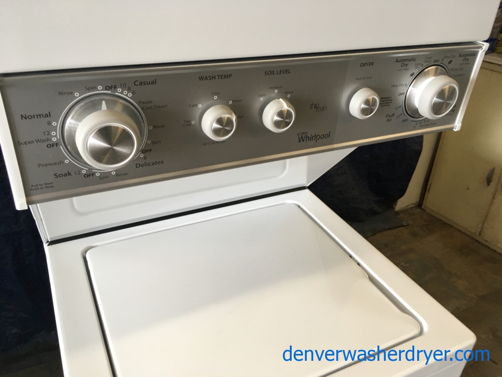 BRAND-NEW Whirlpool 24″ Heavy-Duty Stacked Laundry Center w/Direct-Drive Washer & Electric (220v) Dryer, 1-Year Warranty