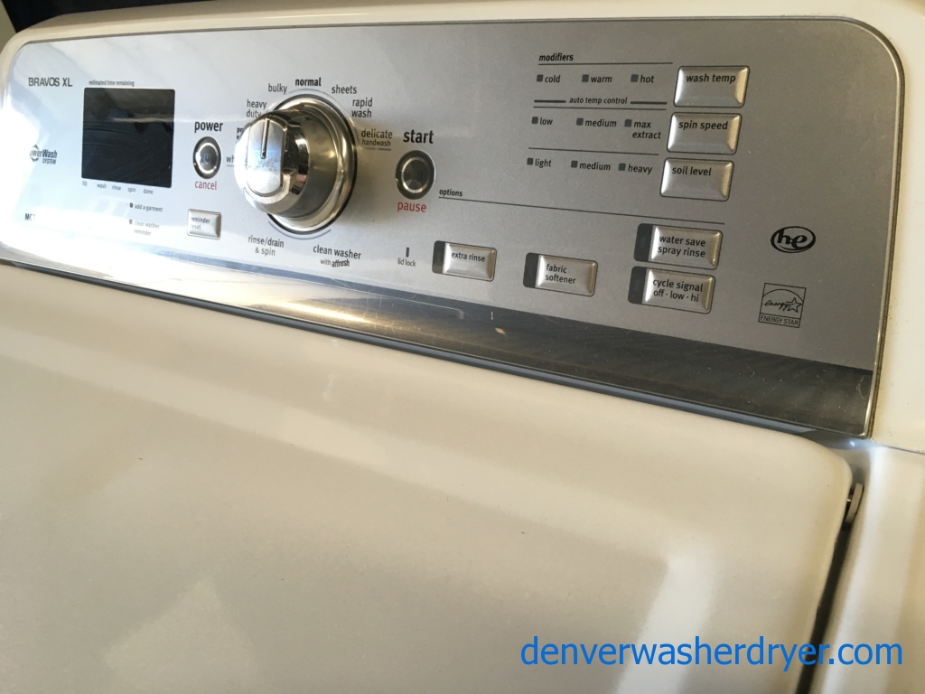 28″ HE Maytag Bravo Top-Load Direct-Drive Washer & Electric Dryer, 1-Year Warranty