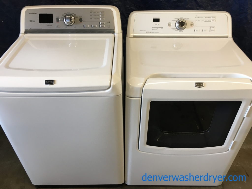 28″ HE Maytag Bravo Top-Load Direct-Drive Washer & Electric Dryer, 1-Year Warranty